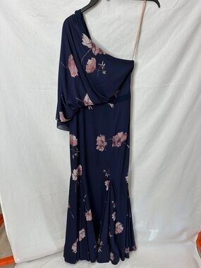 Fame and Partners Navy One-Shoulder Floral Maxi Dress with Pink Blooms